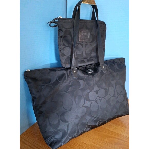 COACH Black Nylon Getaway Packable Weekender Lined Tote & Cosmetic Bag #F77316 - Picture 1 of 16